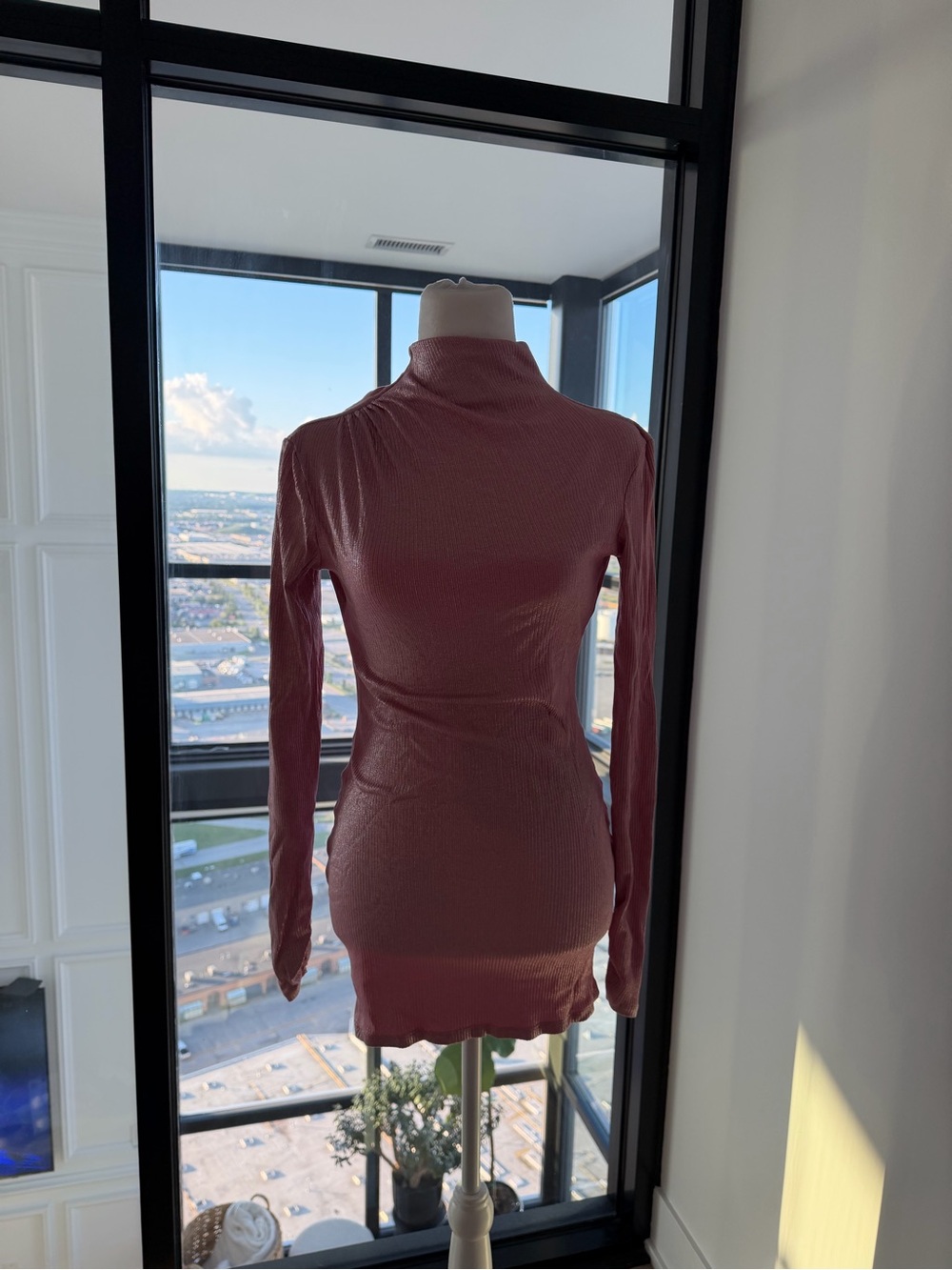 REVOLVE Long Sleeve Mock Neck Ribbed Mini Dress in Dusty Rose